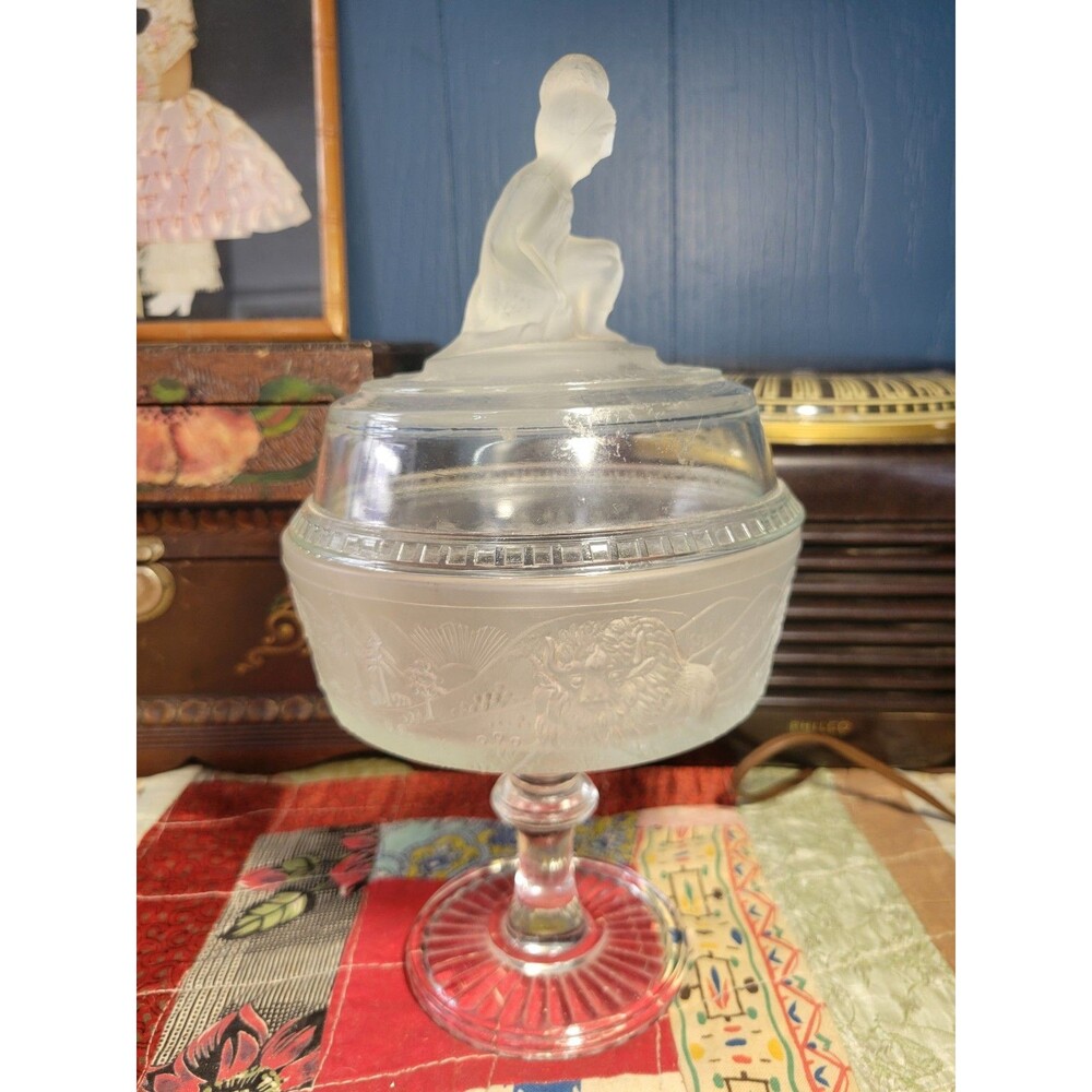 EAPG Gillinder & Sons Pioneer Westward Ho Pedestal Covered Compote 11"